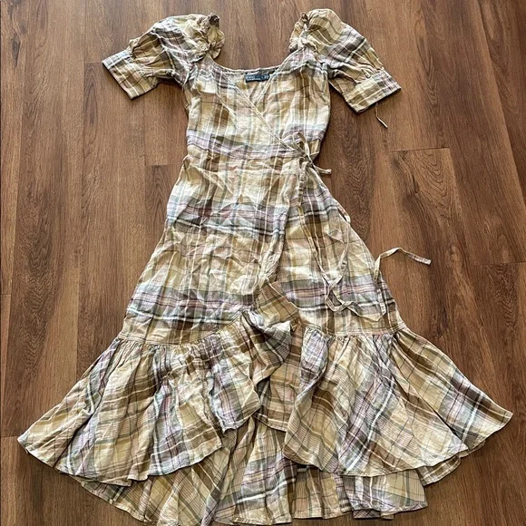 Polo Ralph Lauren Plaid Linen Midi Wrap Dress